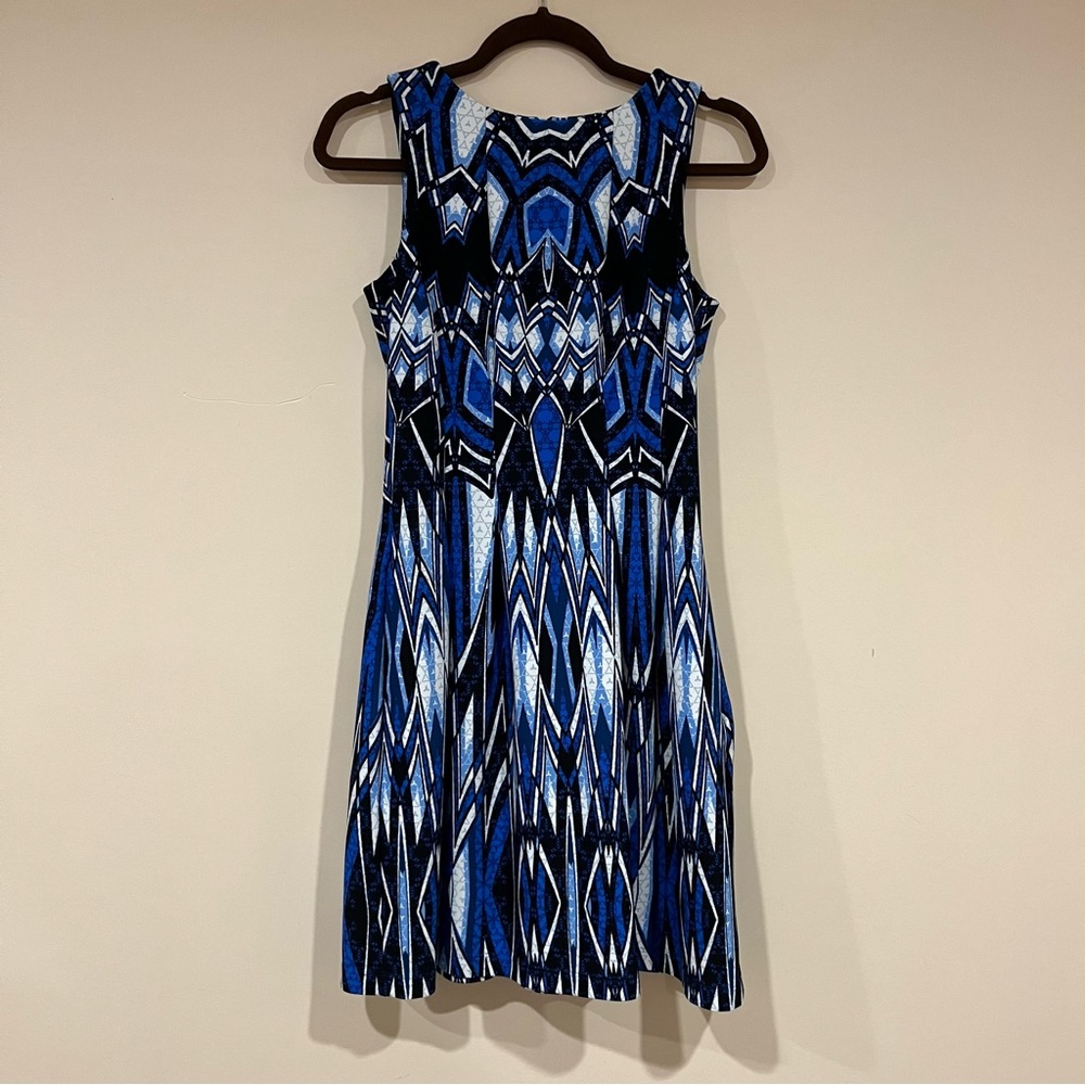 blue and black patterned dress